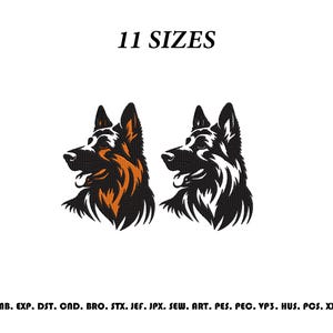 Könnte beinhalten: Zwei stilisierte Stickmotive von Deutschen Schäferhundköpfen sind abgebildet. Eines ist schwarz-orange, das andere schwarz-weiß. Der Text 11 SIZES steht oben, und eine Liste von Dateiformaten wie EMB, EXP, DST, CND, BRO, STX, JEF, JPX, SEW, ART, PES, PEC, VP3, HUS, PCS, XXX befindet sich unten.