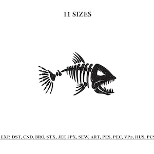 May include: A black and white illustration of a fish skeleton. The image features a detailed depiction of the skeletal structure, including the skull, spine, and fins. The text "11 SIZES" is at the top. Below the fish skeleton are several abbreviations.