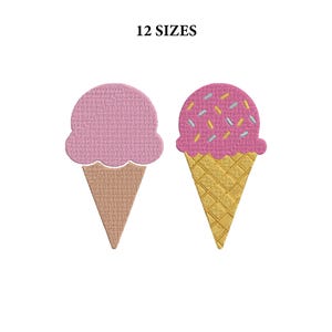 May include: Two embroidered ice cream cone patches with the text 12 SIZES above them. The left cone is light pink with a tan waffle pattern. The right cone is dark pink with multi-colored sprinkles and a gold waffle pattern on the cone.