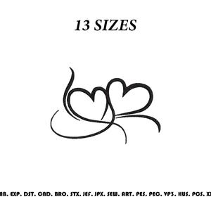 May include: A black digital embroidery design featuring two interconnected hearts with flowing, curved lines. The text 13 SIZES appears at the top, and a list of file formats including EMB, EXP, DST, CND, BRO, STX, JEF, JPX, SEW, ART, PES, PEC, VP3, HUS, PCS, XXX is at the bottom.
