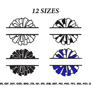 Puede incluir: Cuatro diseños de bordado de pompones de animadora divididos en negro, blanco y azul. El texto 12 SIZES aparece en la parte superior, y una lista de formatos de archivo que incluye EMB, EXP, DST, CND, BRO, STX, JEF, JPX, SEW, ART, PES, PEC, VP3, HUS, PCS, XXX está en la parte inferior.