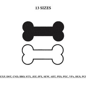 Puede incluir: Dos diseños de huesos de perro, uno negro sólido y otro delineado en negro, se muestran sobre un fondo blanco. El texto "13 SIZES" está encima de los huesos. Debajo, abreviaturas de formatos de archivo.