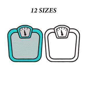 May include: Two bathroom scale designs with the text 12 SIZES above them. One scale is filled with teal and light gray embroidery, while the other is a black outline. Both feature a square shape with rounded corners and a top display dial.