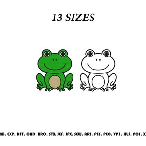 Pode incluir: Um design de bordado com duas ilustrações de sapos, uma em verde com barriga bege e uma em contorno preto. O texto 13 SIZES aparece no topo, e uma lista de formatos de arquivo EMB, EXP, DST, CND, BRO, STX, JEF, JPX, SEW, ART, PES, PEC, VP3, HUS, PCS, XXX está na parte inferior.