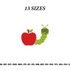 May include: An embroidery design featuring a red apple with a brown stem and a green leaf next to a light green caterpillar wearing black glasses. The text 13 SIZES appears at the top, and a list of file formats is at the bottom of the image.