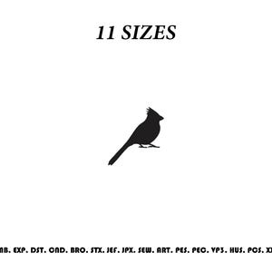 May include: A black silhouette of a cardinal bird centered on a white background. Above the bird, the text reads 11 SIZES. Below the bird, the text lists the following file formats: EMB. EXP. DST. CND. BRO. STX. JEF. JPX. SEW. ART. PES. PEC. VP3. HUS. PCS. XXX.
