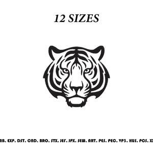 Pode incluir: Um gráfico digital a preto e branco de uma cabeça de tigre centrada num fundo liso. O texto 12 SIZES aparece acima do tigre, e uma lista de formatos de ficheiro incluindo EMB, EXP, DST, CND, BRO, STX, JEF, JPX, SEW, ART, PES, PEC, VP3, HUS, PCS, XXX encontra-se abaixo.