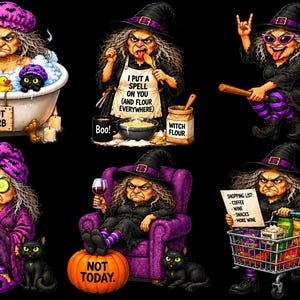 May include: A collection of six illustrations featuring a witch in various scenarios: bathing with a Do Not Disturb sign, baking with a sign reading I Put A Spell On You, flying on a broom, relaxing with a Spa Day mug, sitting on a pumpkin, and shopping.