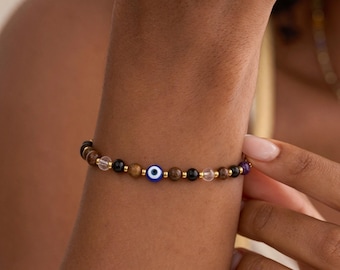 Bracelet œil de tigre contre le mauvais œil, bracelet de protection en pierre naturelle, cadeau de guérison pour elle, cadeau de Noël
