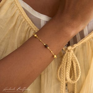 Tiger Eye and Gold Beaded Bracelet, Mixed Metal Stone Stacking Jewelry, Minimalist Dainty Band