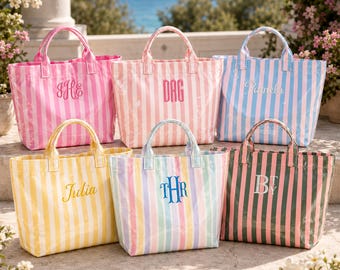 Personalized Waterproof PVC Bag, Custom Embroidered Striped Beach Tote, Future Bride Tote, Reusable Shopper Bag, Bridesmaid Proposal Gift