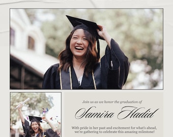 Invitación de graduación con foto, promoción de 2026, invitación a fiesta de graduación/plantilla de invitación de graduación tipo periódico, moderna y personalizable.