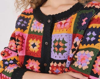 Apricot Black Bright Crochet Squares Cardigan – Colorblock Patchwork Knit