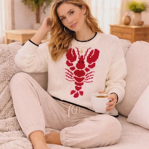 Grovstickad hummertröja, överdimensionerad pullover, mysig grafisk tröja