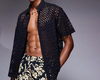 Scotch & Soda Open Crochet Knit Polo – Cotton Blend Summer Shirt