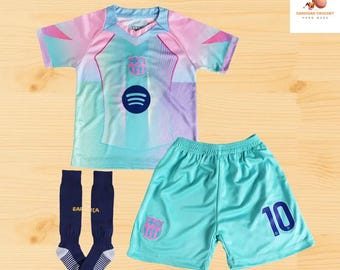 Completo da calcio per bambini Barcelona Lamine Yamal #10 (maglia e pantaloncini) – Uniforme da calcio in stile vintage