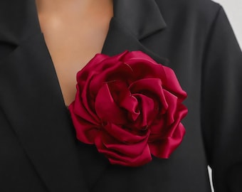 Large Rose Flower Brooch Pin, Satin Fabric Floral Corsage, Elegant Blazer Dress Lapel Pin for Wedding Party Birthday Gift