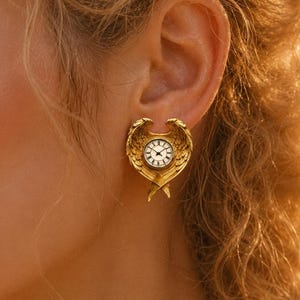 Winged Clock Earrings, Gold Angel Wing Studs, Vintage Timepiece Jewelry, Steampunk Fantasy Accessory, 18K Plated Dark Academia Gift
