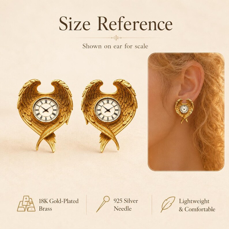 May include: A pair of gold-plated brass earrings featuring a detailed wing design surrounding a small clock face with Roman numerals. The earrings include 925 silver needles and are shown in a size reference image on an earlobe.