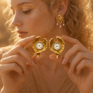 Winged Clock Earrings, Gold Angel Wing Studs, Vintage Timepiece Jewelry, Steampunk Fantasy Accessory, 18K Plated Dark Academia Gift image 2