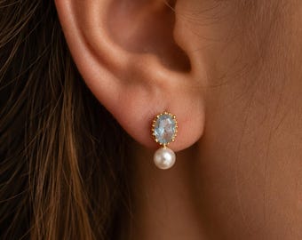 Dainty Blue Pearl Drop Earrings, 14K Gold Plated 925 Sterling Silver Studs, Something Blue Bridal Jewelry Gift