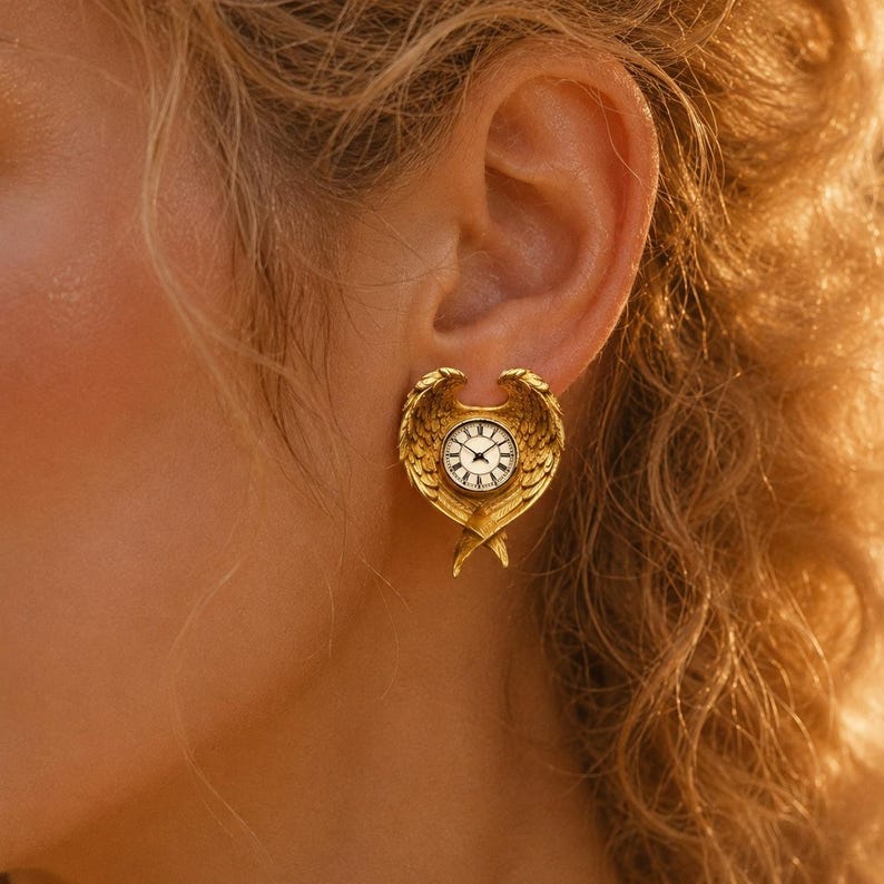 Winged Clock Earrings, Gold Angel Wing Studs, Vintage Timepiece Jewelry, Steampunk Fantasy Accessory, 18K Plated Dark Academia Gift image 1