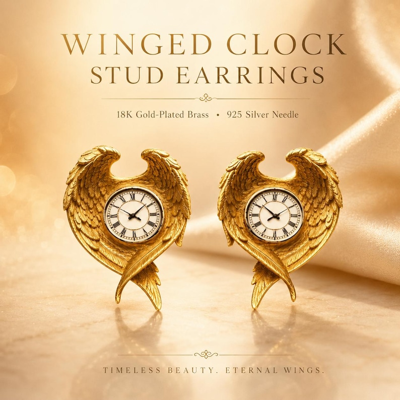 May include: A pair of gold-toned stud earrings shaped like wings surrounding a small clock face with Roman numerals. The text reads WINGED CLOCK STUD EARRINGS, 18K Gold-Plated Brass, 925 Silver Needle, and TIMELESS BEAUTY. ETERNAL WINGS.