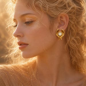 May include: A gold-toned stud earring featuring a central circular clock face with black Roman numerals and hands, surrounded by detailed, symmetrical feathered wings that extend outward, creating a winged timepiece design on the earlobe.