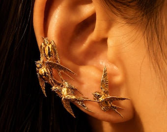 18K Gold Swallow Ear Cuff, Vintage Inspired Bird Ear Climber, Statement Clip On Earrings, No Piercing Wrap, Cottagecore Nature Jewelry Gift