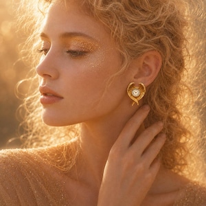 May include: A gold-toned earring shaped like a pair of wings with a small, circular clock face at the center. The clock features a white dial with black numerals and thin black hands, set within a textured, metallic wing-inspired frame.