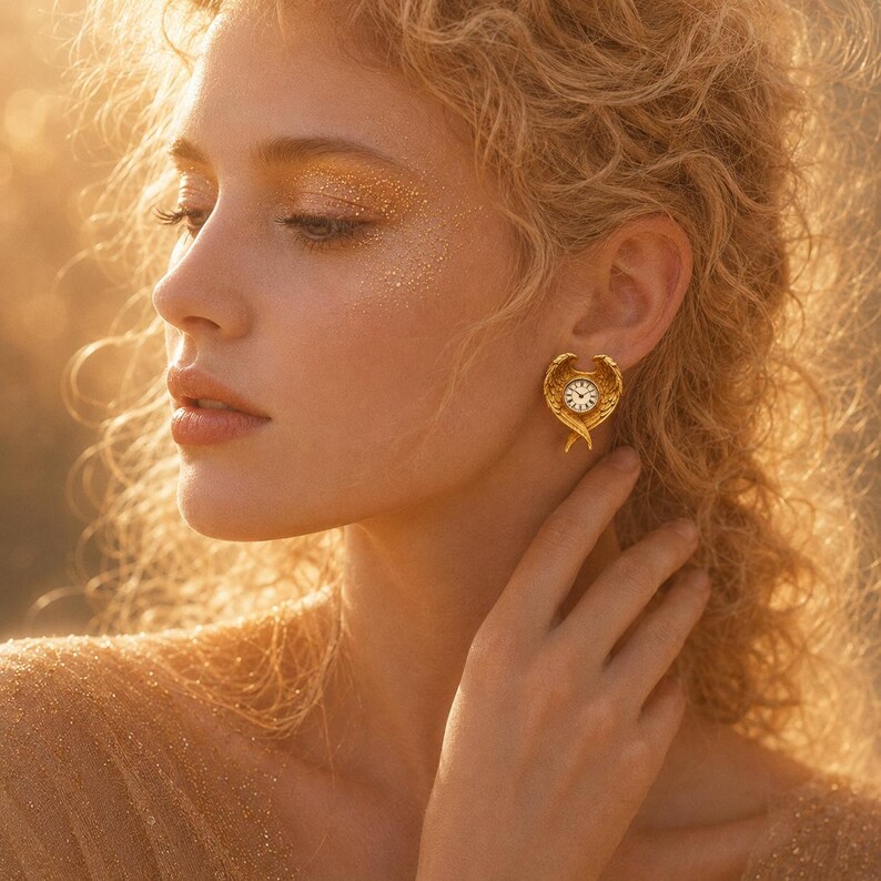 May include: A gold-toned earring shaped like a pair of wings with a small, circular clock face at the center. The clock features a white dial with black numerals and thin black hands, set within a textured, metallic wing-inspired frame.