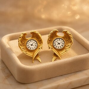 May include: A pair of gold-toned earrings featuring a detailed angel wing design surrounding a circular clock face. Each clock face has a white background with black Roman numerals and black hands, set within the center of the textured metal wings.