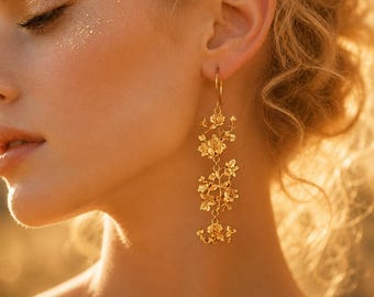 18K Gold Floral Drop Earrings, Long Rose Vine Dangle Earrings, Botanical Statement Jewelry, Fairycore Cottagecore Romantic Wedding Gift