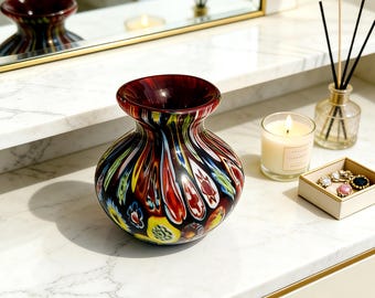 Vaso vintage in vetro millefiori di Murano degli anni '70 / Vetro artistico italiano soffiato a mano / Regalo da collezione