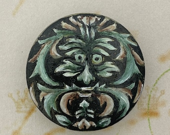 Greenman -  Uranium Glow Glass Button - Hand Painted In Czech Republic 22mm