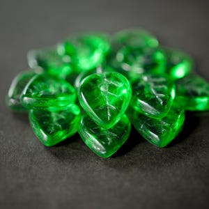 Grass Green Leaf Beads, Czech Glass Leaf Beads, 9x8mm Transparent Green Leaves, Garden Jewelry Supplies, Small Pressed Glass Leaf, 25pc