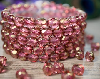 Magic Transparent Pinkish with Gold Luster - Faceted 6mm Twist Fire Polish Glass Beads - Made in Czech Republic