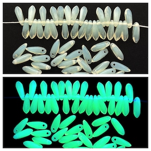 Uranium Glass Beads, UV Glow Mini Dagger Beads, 10x3mm Czech Pressed Glass, Vaseline Glass Style, Yellow Opaline, Jewelry Making Supplies