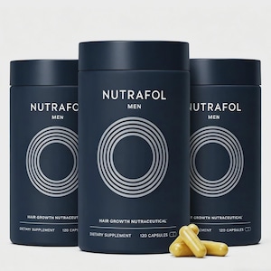 May include: Three navy blue cylindrical bottles of Nutrafol Men hair growth nutraceutical dietary supplement. Each bottle has a silver circular design and the text "NUTRAFOL MEN". A few yellow capsules are in front of the bottles.