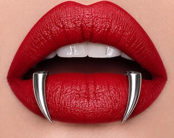 925S Sterling Silver Gothic Fake Lip Ring | Vampire Fangs Lip Cuff Piercing Jewelry | Hoop Non-Piercing Jewelry | Halloween Accessory | Gift