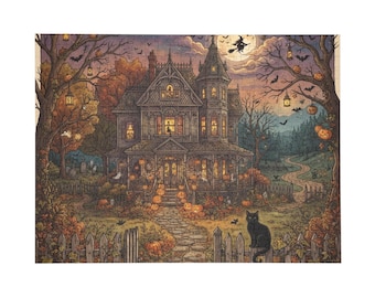 Haunted House Halloween Jigsaw Puzzle | Vintage Spooky Autumn Puzzle Gift