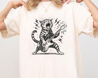 Rock And Roll Cat Tshirt, Electric Guitar Kitty Tee Funny Music Lover, Gift For Him Her, Cool Animal Band Tshirt, Vintage Distressed Graphic