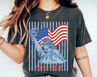 Comfort Colors Striped Statue Of Liberty Tshirt, 4th Of July Shirt, Trendy Summer Patriotic Graphic Tee, Independence Day Shirt