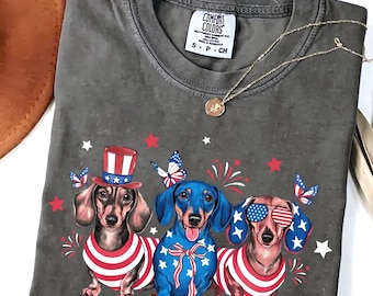 Three Dachshund 4th Of July Comfort Colors T-shirt, Patriotic Dog Graphic Tee, Funny Meme Shirt
