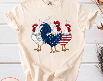 Comfort Colors Chicken Flag Patriotic 4th Of July T-shirt, Independence Day USA Shirt, Retro Graphic Tee