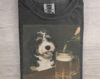 Bernedoodle Drinking Beer Comfort Colors T-shirt, Vintage Dog Shirt, Dog Dad Dog Mom Tee, Dog Lover Shirt Gift