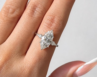 3CT Marquise Three-Stone Engagement Ring, 14k Gold Marquise Moissanite Trilogy Ring, Six Prong Marquise Ring, Three Diamond Ring.