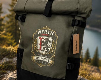 Werth 600 Years Rugzak | Roltop Rugzak in Zwart of Olijfgroen | Rugzak voor 17-inch laptops | Vintage Crest Design