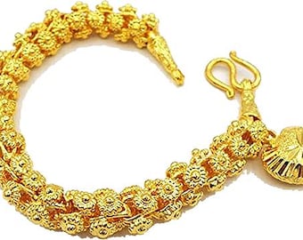 Heart Pikun Flower Lai Thai Gold Plated Bangle – 22K/24K Thai Baht Yellow Gold Filled Bracelet for Women