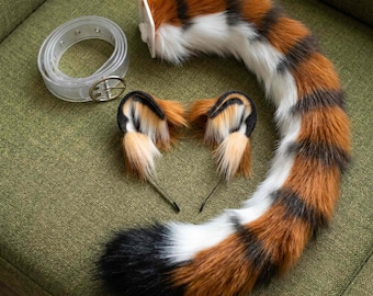 Oreilles et queue de tigre en peluche faites main | Accessoire serre-tête cosplay fourrure réaliste | Costume de convention à fourrure d'anime de jeu de rôle